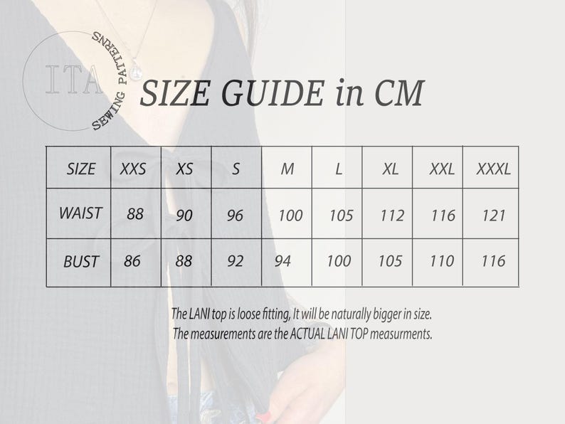 May include: Size chart in centimetres for a LANI top. The chart shows measurements for bust and waist in sizes XXS to XXXL.