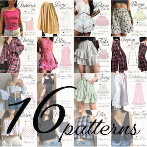Peut inclure: Une collection de seize patrons de couture pour divers vêtements, incluant des hauts, jupes, shorts et pantalons. Chaque section présente une photographie du modèle fini accompagnée d'un dessin technique, du nom et des tailles du XXS au 3XL.