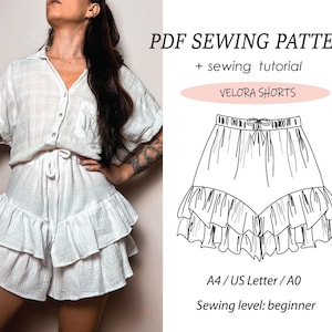 Patrón de costura de pantalones cortos VELORA, pantalones cortos tipo falda, pantalones cortos con volantes, patrón para principiantes, pantalones cortos cómodos, patrones de costura en tamaños A4, Carta de EE. UU., A0, SKORT