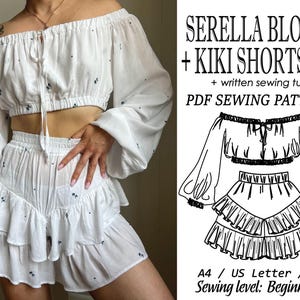 Serella-blus + Kiki-shorts / PDF-sömnadsmönster / Tvådelat sommarset / Kort topp med fluga / Shorts med hög midja / Mjölkpigablus / Dam