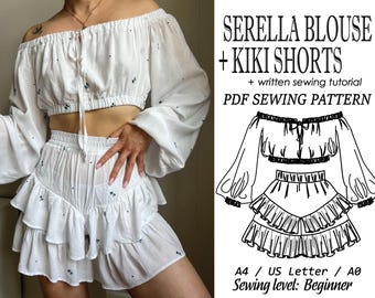 Serella Blouse + Kiki Shorts / PDF Sewing pattern / Two-Piece Summer Set / Bow Tie Crop Top / High-Waisted Shorts / Milkmaid Blouse / Womens