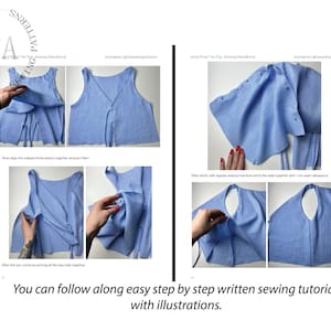 May include: A step-by-step sewing tutorial with illustrations showing how to make a light blue sleeveless top with a tie closure. The tutorial includes photos of the process, showing how to align the fabric, sew the seams, and tie the top.