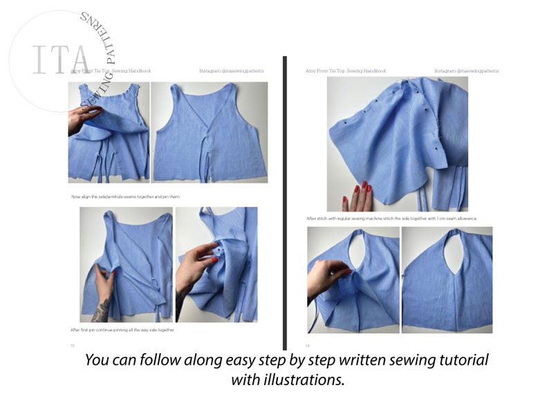 May include: A step-by-step sewing tutorial with illustrations showing how to make a light blue sleeveless top with a tie closure. The tutorial includes photos of the process, showing how to align the fabric, sew the seams, and tie the top.