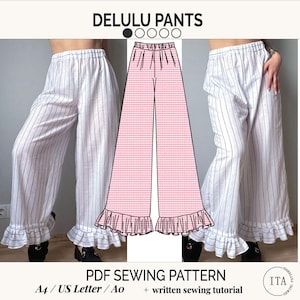 Pode incluir: A imagem mostra um padrão de costura em PDF para "DELULU PANTS". O design apresenta calças de perna larga com bainha com babados. As calças são mostradas em um padrão xadrez rosa e um design de riscas finas brancas. O texto "PDF SEWING PATTERN" é visível.