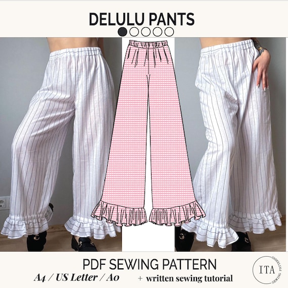 パンツ TYPESERVICE Mixed Pattern Ruffled Pants DELULU Pants Sewing Pattern | Hight Waist Pants | PDF Sewing