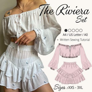 May include: The Riviera Set, a white two-piece outfit featuring an off-the-shoulder crop top with long sleeves and a matching tiered ruffle skirt, both adorned with small blue floral patterns. Includes text: The Riviera Set, A4 / US Letter / A0 + Written Sewing Tutorial, Sizes: XXS - 3XL.