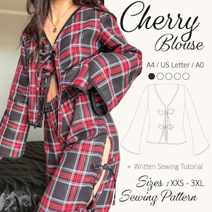 May include: A red, black, and white tartan blouse with long flared sleeves and two front tie closures. The image includes text reading Cherry Blouse, A4 / US Letter / A0, + Written Sewing Tutorial, and Sizes : XXS - 3XL Sewing Pattern.