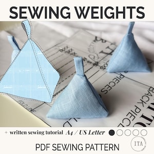 Può includere: Pesi da cucito triangolari azzurri con manico ad anello, esposti su un modello di cucito. L'immagine include il testo "SEWING WEIGHTS" e "PDF SEWING PATTERN".