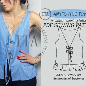 Ruffle Front Tie Top Sewing Pattern | Amy Design (Digital PDF)