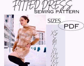 Turtleneck Dress Pattern, Easy Beginner Pattern, Long Sleeve Bodycon Dress, XS - 4XL, A4 + Detailed Illustrated Tutorial