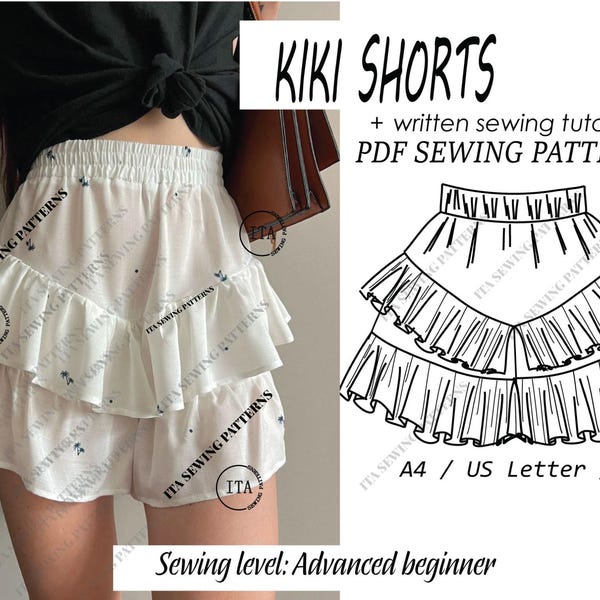 KIKI Shorts / Bloomers / Women Sewing Pattern / Shorts Pattern/ Beginner Shorts / Elastic Waistband Shorts / High Waist / Ruffled Shorts pdf