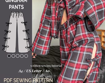 Gingham Hose, Elastische Hose mit weitem Bein und Seitlichen Schnürbändern Schnittmuster, Hosen Muster für Frauen, Palazzo Hose Nähanleitung, Leinen Hose