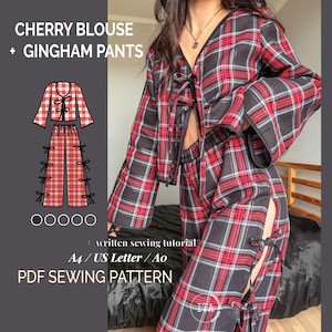 Pode incluir: Um conjunto de blusa cereja e calças xadrez vichy em vermelho e preto. A blusa tem decote em V e fecho de laço. As calças têm fendas laterais com detalhes de laço. O texto "CHERRY BLOUSE + GINGHAM PANTS" e "PDF SEWING PATTERN".