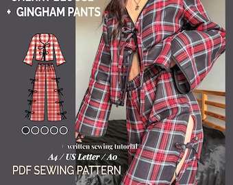 Christmas Matching Two Piece Set Sewing Patterns / Front Tie Blouse / Side Tie Wide Pants