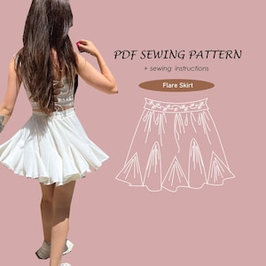 Puede incluir: Un patrón de costura para una falda acampanada blanca con instrucciones. El patrón está ilustrado con un dibujo de línea de una falda con una cintura floral. El texto "PDF Sewing Pattern + sewing instructions Flare Skirt" se muestra sobre la ilustración.