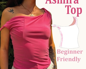May include: A bright pink one-shoulder top with a fitted silhouette. The image includes the text Asmira Top, Beginner Friendly, and Sizes: XXS - XXXL, alongside a white line drawing of the garment showing the asymmetrical neckline and sleeve.