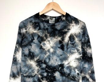 S-5XL, Hand dyed, Blue charcoal black gray watercolor tie dye long sleeve T-shirt, Unisex size S-5XL