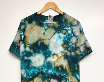 S-5XL, Handgeverfd, Donkerblauw bruin tan tie-dye T-shirt, Unisex maat S-5XL