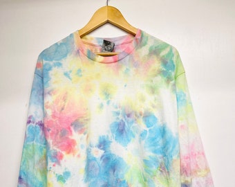 S-5XL, Hand dyed, Pink pastel multi-color watercolor tie dye long sleeve T-shirt, Unisex size S-5XL