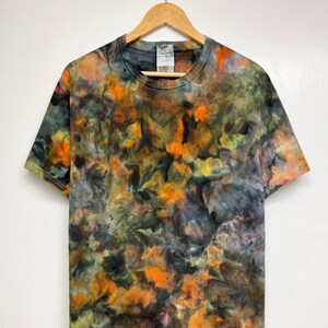 Hand dyed, L, Orange green black camo watercolor tie dye T-shirt, Unisex size L, Only one available