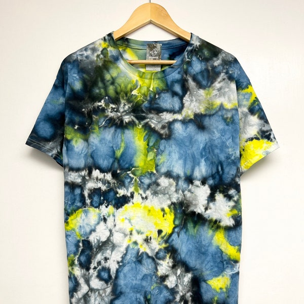 S-5XL, Individually hand dyed, Yellow navy black marble tie-dye T-shirt, Unisex size S-5XL