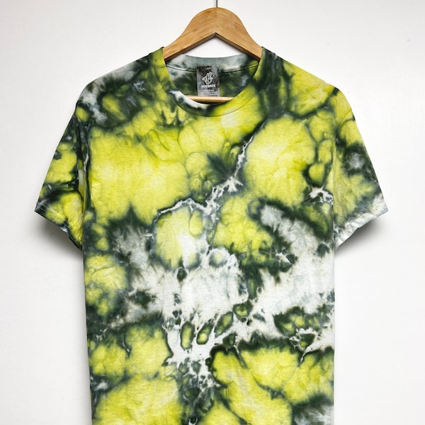 S-5XL, Individually hand dyed, Yellow-green black marble tie-dye T-shirt, size S-5XL