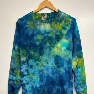 Hand dyed, S, Yellow blue navy tie dye long sleeve T-shirt in Unisex size S, Only one available