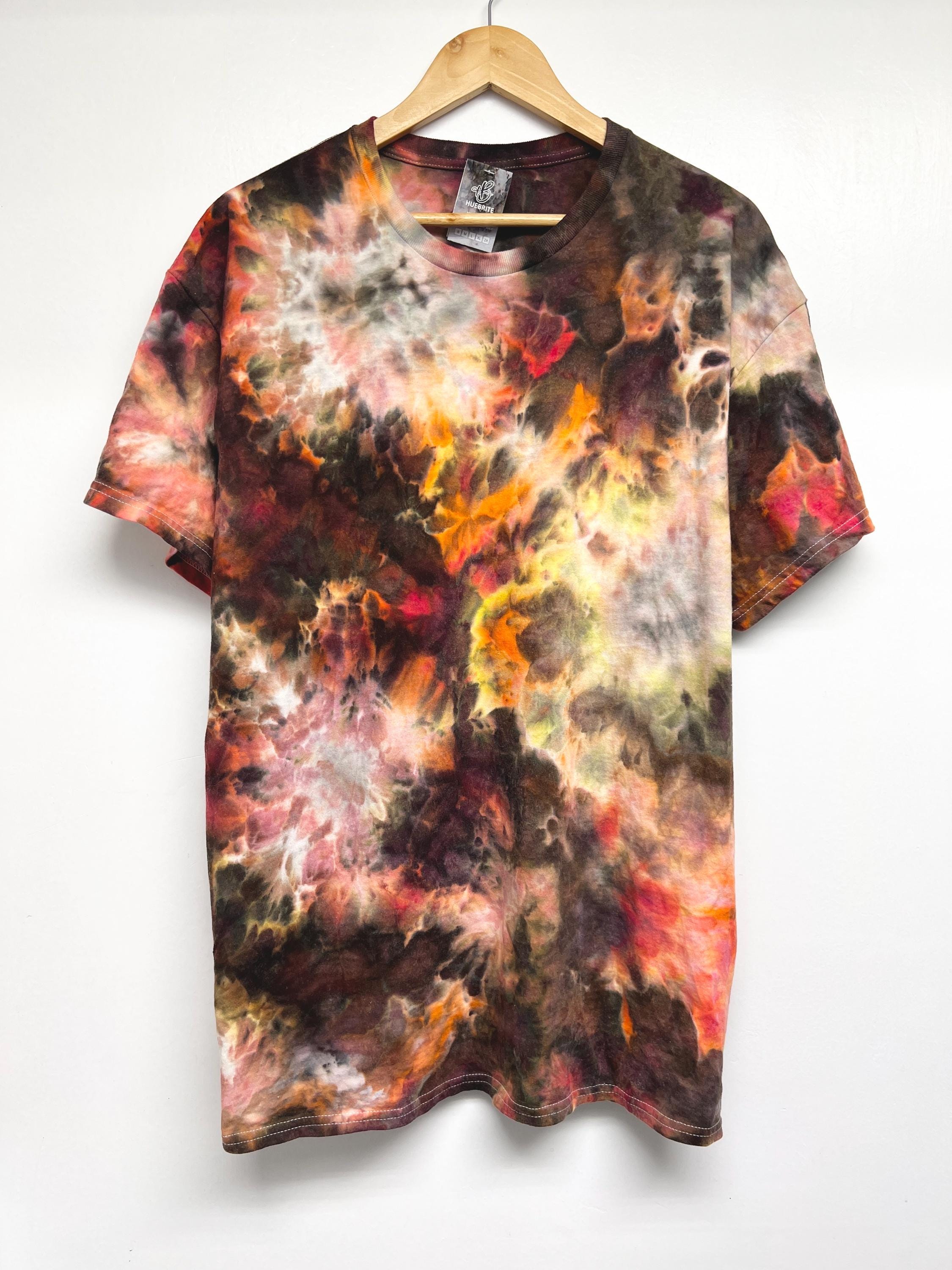 S-5XL, Hand dyed, Orange red yellow brown black mix tie dye T-shirt, size S-5XL