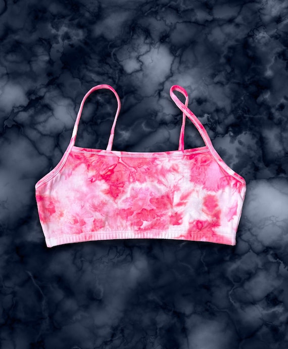 XS-XL, Hand Dyed, Pink Watercolor Womens Spaghetti Strap Pullover Sports Bra  