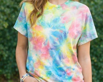 Unisex Crew Neck, Women's V-Neck, Individually hand dyed, Pastel multi-color watercolor tie-dye T-shirt