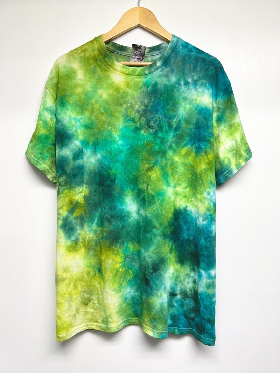 S-5XL, Hand Dyed, Lime Green Blue Water Color Tie Dye T-shirt