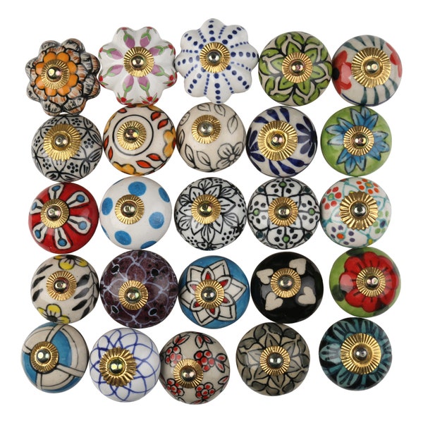 Assorted Ceramic Knobs for Cabinet Dresser Drawer and Furniture Hand Painted Antique Boho Cupboard Pulls (Multicolor) Traditional Door Knobs