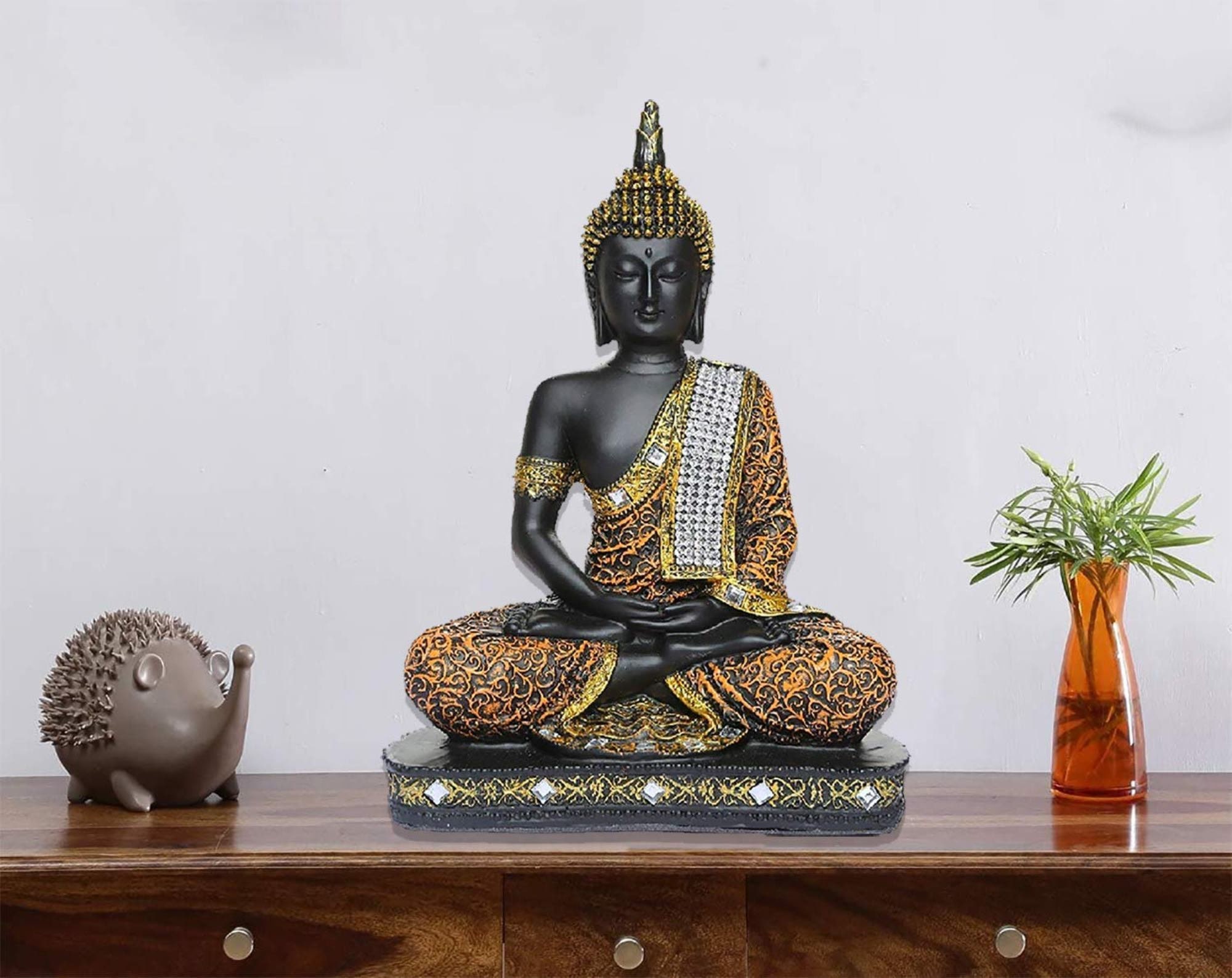 Sitting Buddha Idol Statue Showpiece Orange and Black, Buddha