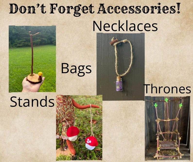 Slide promoting add-ons like stands, bags, and themed necklaces for plush dolls. Encourages bundling and personalization.