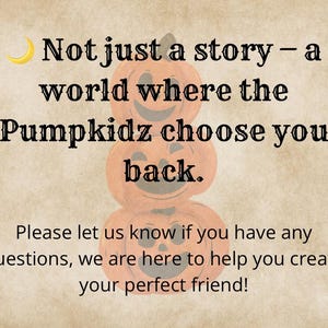 Whimsical graphic explaining the magical lore of the Pumpkidz plush dolls. Emphasizes emotional connection and story driven design.