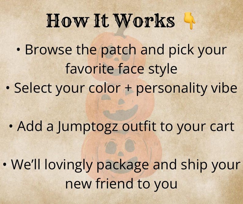 Graphic showing steps to adopt a plush: pick a face style, choose color and personality, add optional jumptogz outfit. Friendly adoption instructions.