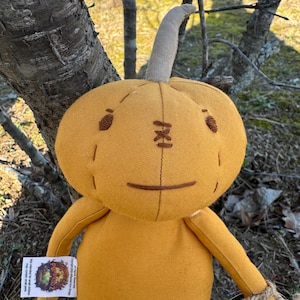 A handmade plush pumpkin doll with a stitched face and a brown stem. The doll is wearing a brown fabric tag that says 'Pumpkidz'.