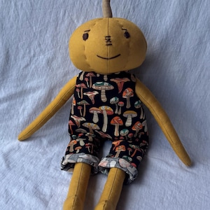 Handmade Pumpkin Plush Doll – Stem the Pumpkidz Character | 14-Inch Adoptable Plush Toy | Jumptogz Overalls with Plastic Snaps