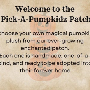 Intro slide for Pick-A-Pumpkidz Patch plush doll listing. Describes how each handmade doll is one of a kind and ready for adoption.