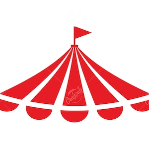 May include: Red and white circus tent with a red flag on top. The tent has a striped pattern and a rounded top.