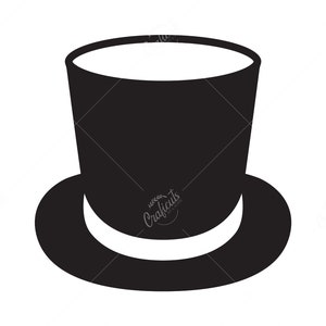 May include: A black top hat with a wide brim. The hat is a classic silhouette and would be a great addition to a costume or party.