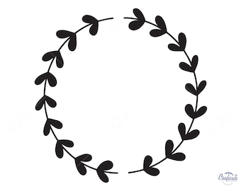 May include: Black and white silhouette of a wreath made of leaves. The wreath is circular and has a simple design.