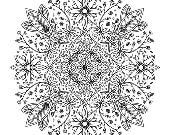 May include: A black and white mandala design with intricate floral patterns. The design features a central circle surrounded by layers of flowers, leaves, and geometric shapes.