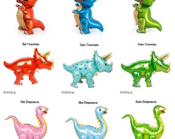 Puede incluir: Nueve globos de dinosaurio inflables en varios colores, incluyendo rojo, azul, verde, rosa y cian. Los dinosaurios son un Tyrannosaurus Rex, un Triceratops y un Stegosaurus. Cada globo mide aproximadamente 91 o 92 centímetros.