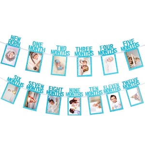 My First Year 1st Birthday Milestones Blue Garland Photo Banner For Baby From Newborn to 12 Months Baby First Year Party Decoration