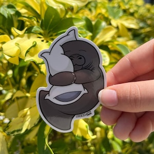 Adorable Manatee Sleeping - 3&quot; Sticker | Manatee Hugging Pillow | Glossy Vinyl Manatee Sticker