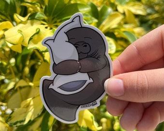 Adorable Manatee Sleeping - 3" Sticker | Manatee Hugging Pillow | Glossy Vinyl Manatee Sticker