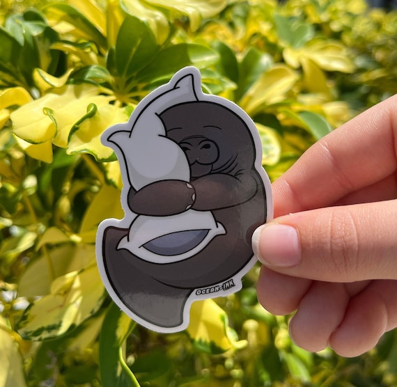 Adorable Manatee Sleeping - 3" Sticker | Manatee Hugging Pillow | Glossy Vinyl Manatee Sticker