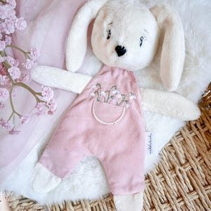 Puede incluir: Un conejo de peluche blanco con orejas largas y nariz negra, con un mono rosa de pana bordado con flores. El conejo está tumbado sobre una superficie blanca y esponjosa, con un fondo floral rosa.