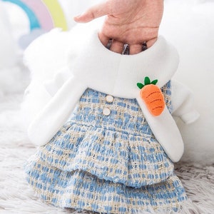 Plaid Small Dog Dress Winter Pet Dress Bunny and Carrot Dress Thick Dress for Pet Dog Clothes